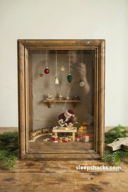 Santa s workshop shadow box Christmas diorama with a tiny workbench, miniature toy train, and warm glowing lights