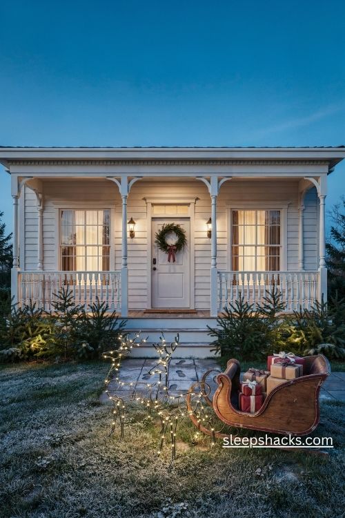 Santa sleigh and glowing warm white reindeer christmas display with wrapped presents in a cozy front yard
