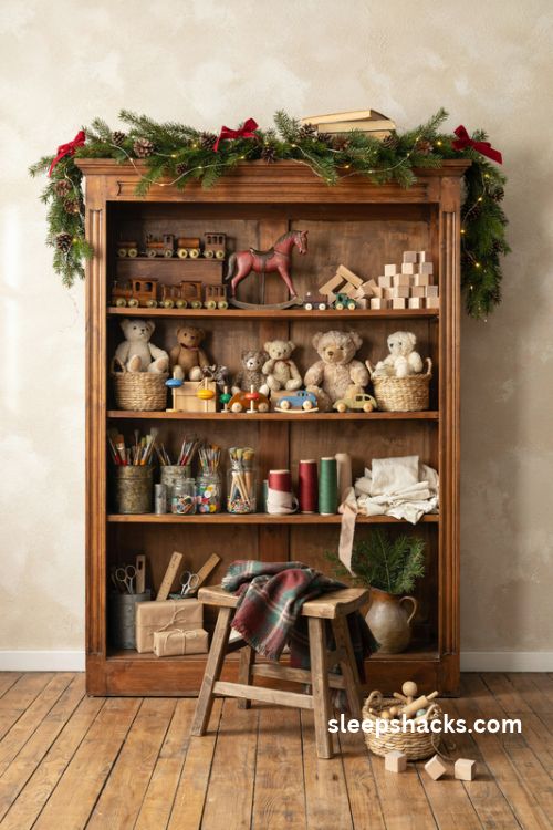 Santa workshop christmas backdrop with vintage wooden toys craft supplies and glowing evergreen garland