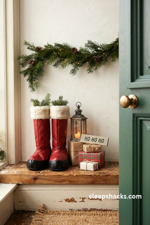 Santa's boots Christmas entryway decor with rustic wrapped gifts pine sprigs glowing lantern and festive red plaid packages