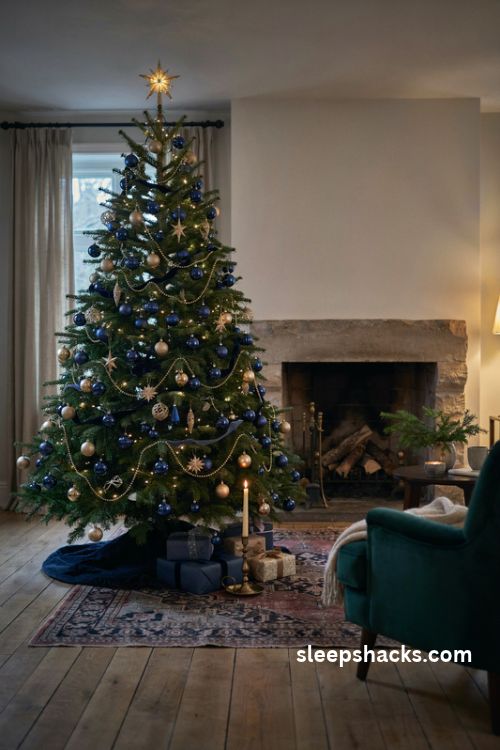 Sapphire blue christmas tree with warm gold stars and elegant glass ornaments