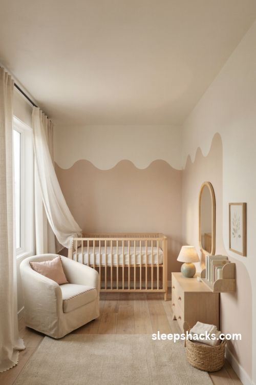 Scalloped details in a baby girl nursery with blush pink walls natural wood and soft cottage decor