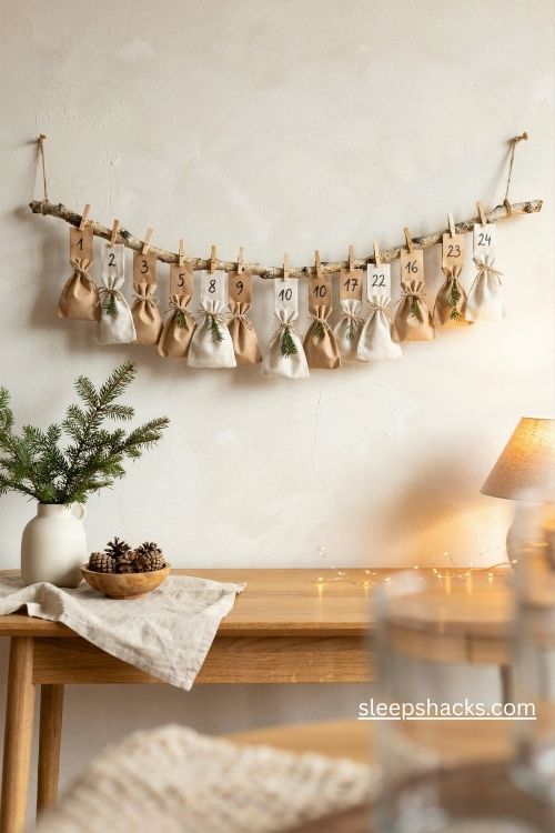 Scandi christmas branch advent calendar with kraft paper bags linen pouches and wooden pegs on a neutral wall