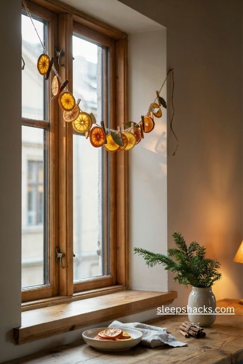 Scandi christmas dried orange slice garland with cinnamon sticks and bay leaves hanging in a sunlit kitchen window