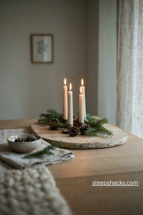 Scandi christmas four candle advent display with white candles evergreen branches and pinecones on a rustic wooden board