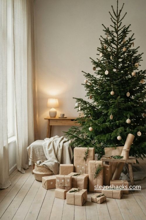 Scandi christmas kraft paper gift wrapping with natural twine rosemary sprigs and handmade white star stamps