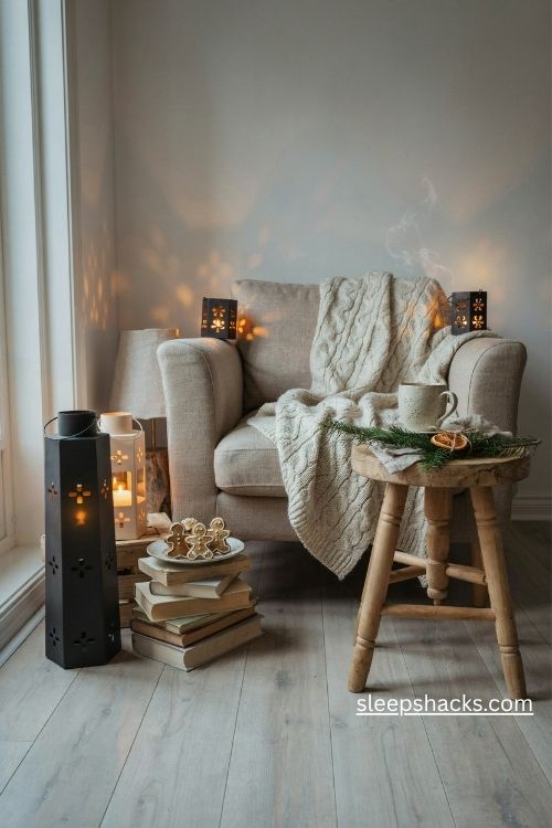 Scandi christmas lantern reading nook with a cozy armchair chunky knit throw glowing metal lanterns and gingerbread