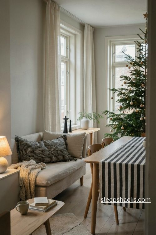 Scandi christmas living room with black and white checked pillows matte black candle holders and warm wood accents