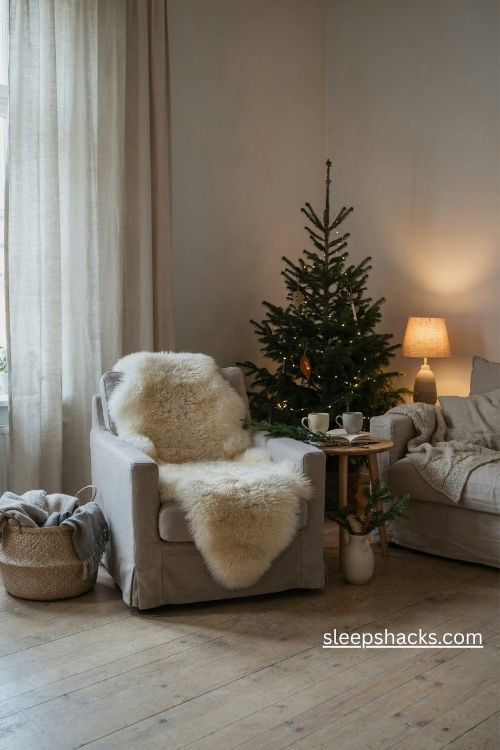 Scandi christmas living room with creamy sheepskin armchair chunky knit throws and cozy neutral layers
