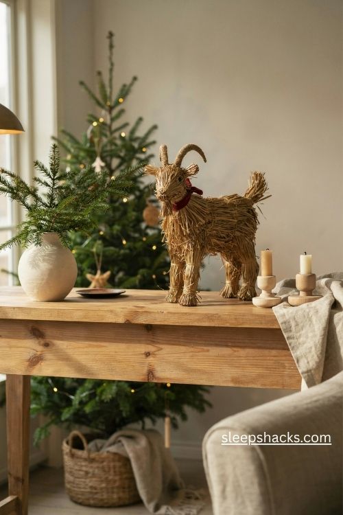 Scandi christmas straw julbock goat with golden woven straw and red ribbon on a rustic wooden mantel