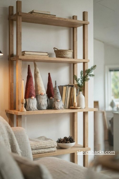 Scandi christmas tomte gnome corner with handmade felt hats fluffy wool beards and rustic wooden shelves