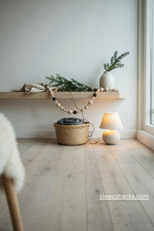 Scandi christmas wooden bead garland with natural honey wood beads and cotton cord on a minimalist shelf