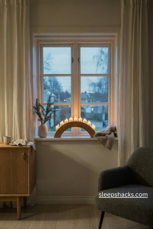 Scandi christmas wooden window candle arch with seven warm lights on a cozy winter windowsill at dusk