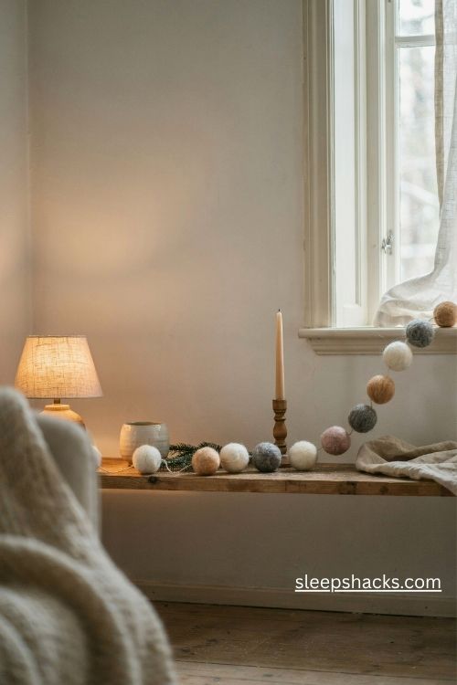 Scandi christmas wool felt ball garland in white gray and blush pink draped across a rustic wooden mantel