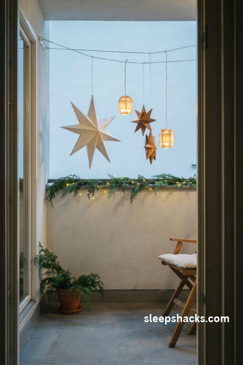 Scandinavian Christmas balcony decor with hanging ivory paper stars kraft lanterns warm LED lights and evergreen railing garland