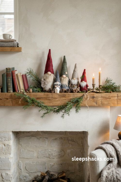 Scandinavian Christmas gnome decor with felt hats fluffy beards pine branches and a cozy rustic mantel