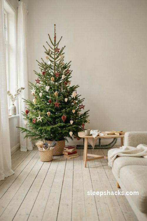 Scandinavian Christmas tree with straw stars wooden hearts and handmade paper ornaments