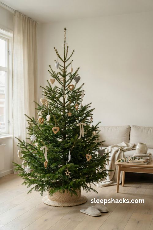 Scandinavian christmas tree with white ornaments wooden stars and natural woven basket