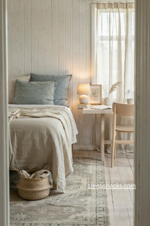 Scandinavian cottage bedroom with layered cozy bedding 
