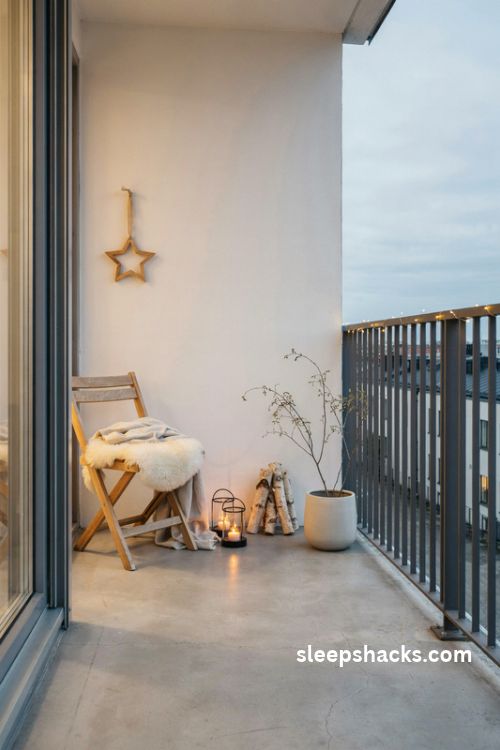 Scandinavian minimalist Christmas balcony with ivory sheepskin throws birch logs simple lanterns natural wood and warm white fairy lights
