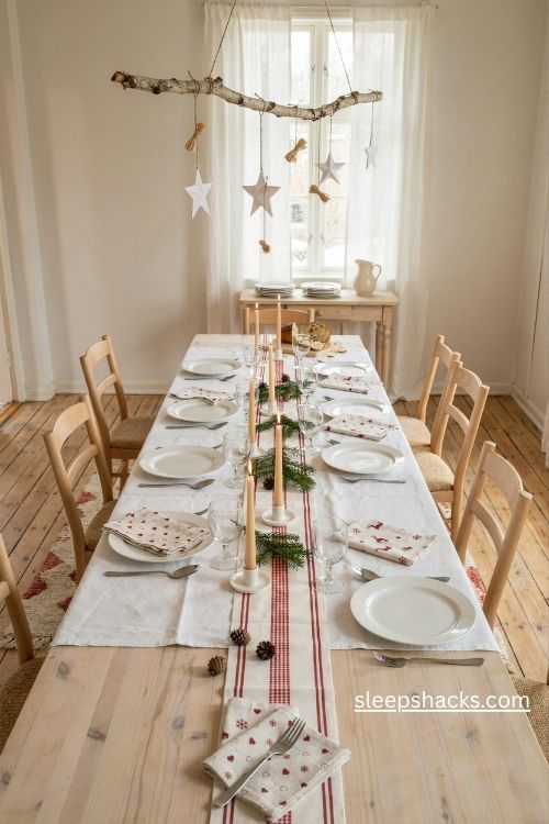 Scandinavian red and white Christmas table setup with tiny festive patterns birch wood and handmade paper stars