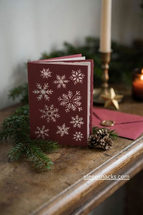 Scarlet red die cut Christmas card with swirling snowflake window