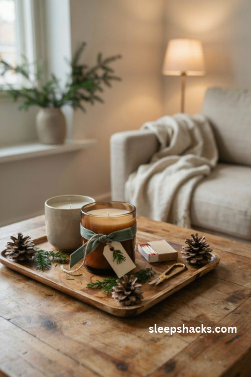 Scented candle Christmas present idea with amber soy wax candle cedar sprig gift ribbon brass wick trimmer and cozy neutral home decor
