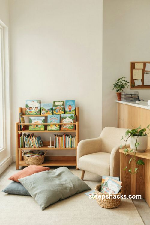 School office bookshelf with a cozy children's reading corner and colorful picture books