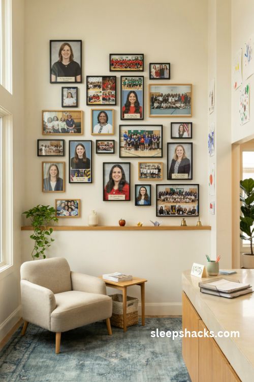 School office staff and community photo wall with matching frames and welcoming school memories