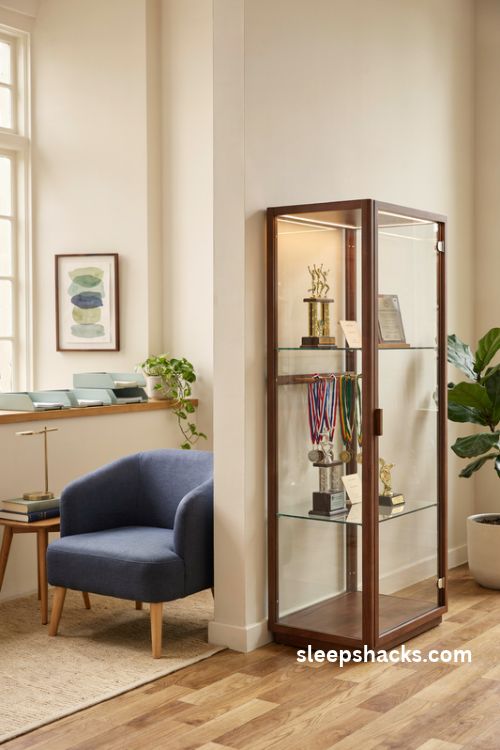 School office trophy display case with glowing glass shelves and student achievement awards