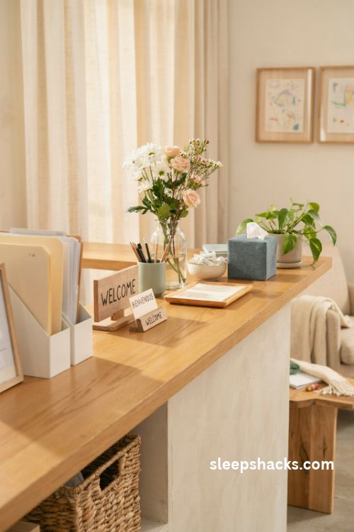 School office welcome desk with fresh flowers a tidy sign in station and cozy decor