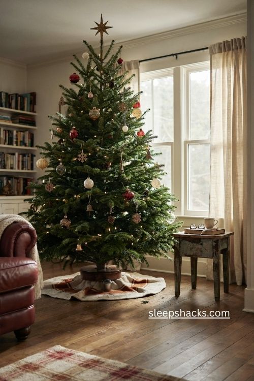 Scotch pine Christmas tree with traditional ornaments and nostalgic vintage holiday decor 