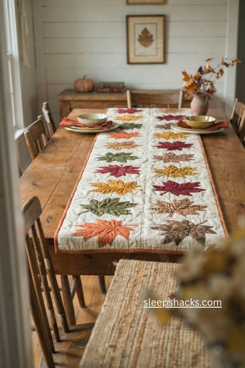 Scrappy maple leaf table runner with autumn quilt blocks and cozy farmhouse dining decor 