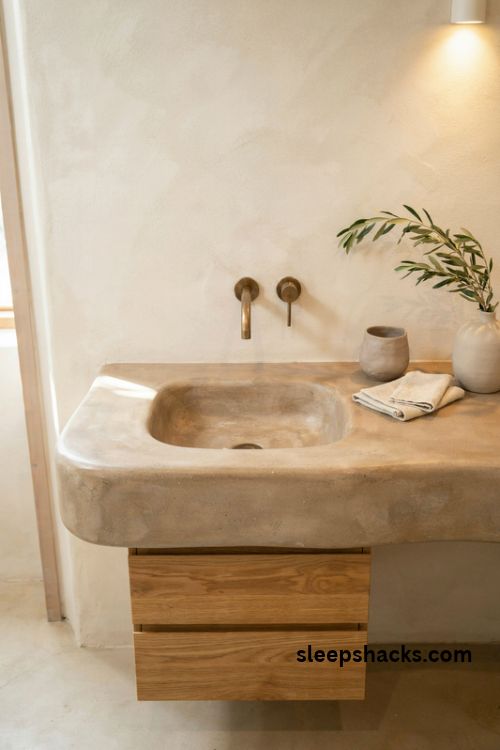 Sculpted microcement bathroom sink with seamless taupe countertop and floating oak vanity