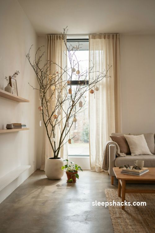 Sculptural christmas tree with white and gold ornaments