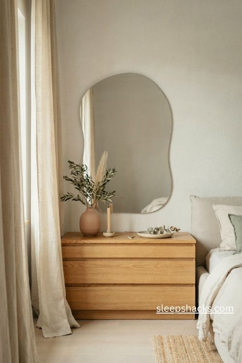 Sculptural wavy pebble shaped mirror above a wooden dresser in a calm organic modern bedroom