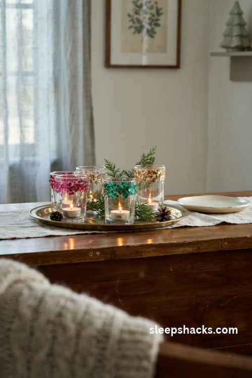 Sequin covered christmas votive candle holders in fuchsia emerald and gold