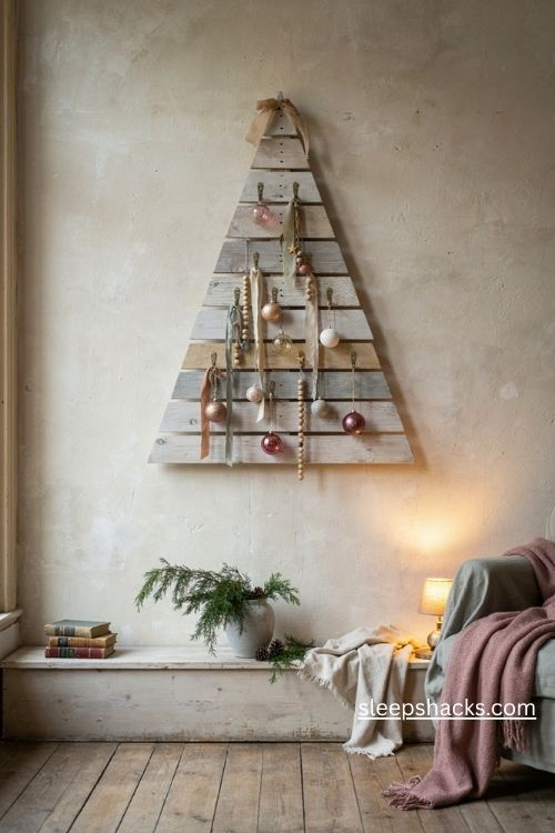 Shabby chic wall mounted pallet Christmas tree with distressed cream paint and vintage ornaments