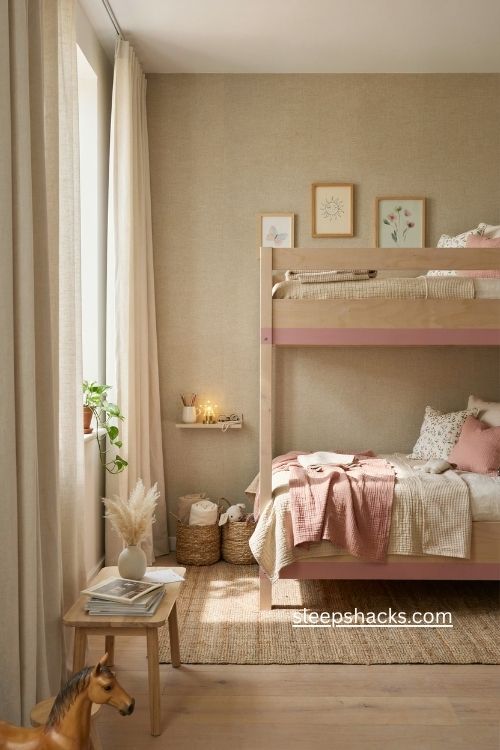 Shared girl bedroom ideas with neutral bunk beds and pink accents
