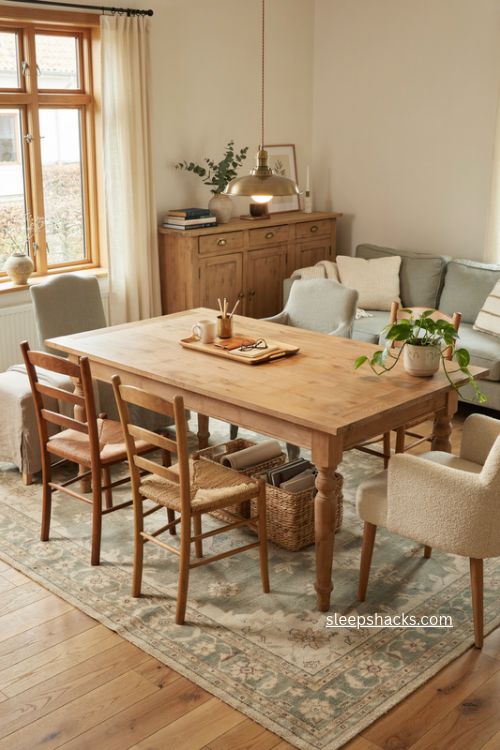 Shared home office dining table with farmhouse chairs pendant light and cozy storage 
