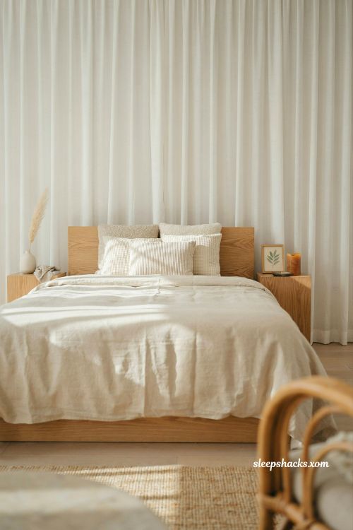 Sheer Fabric Backdrop Behind Bed With Soft White Linen Curtains
