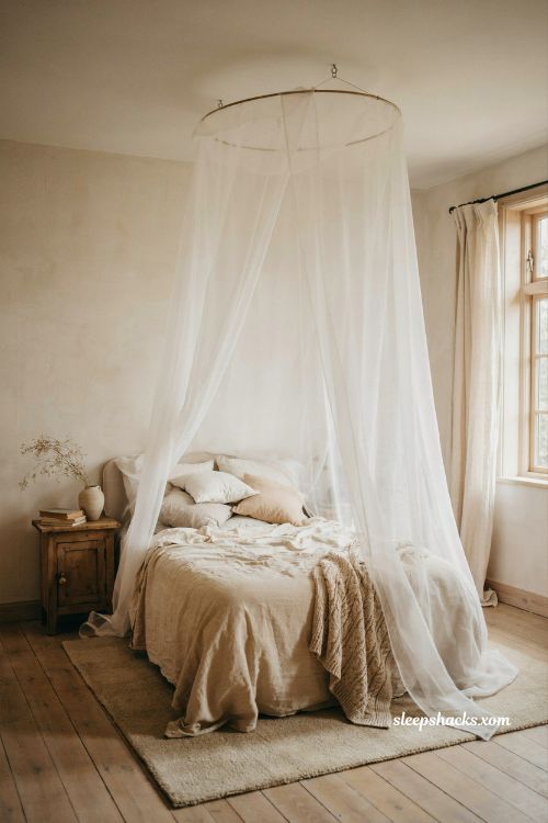 Sheer linen canopy draped over a bed in a romantic dreamy cream bedroom
