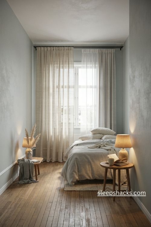 Sheer white floor length curtains on a black rod in a grey and white bedroom