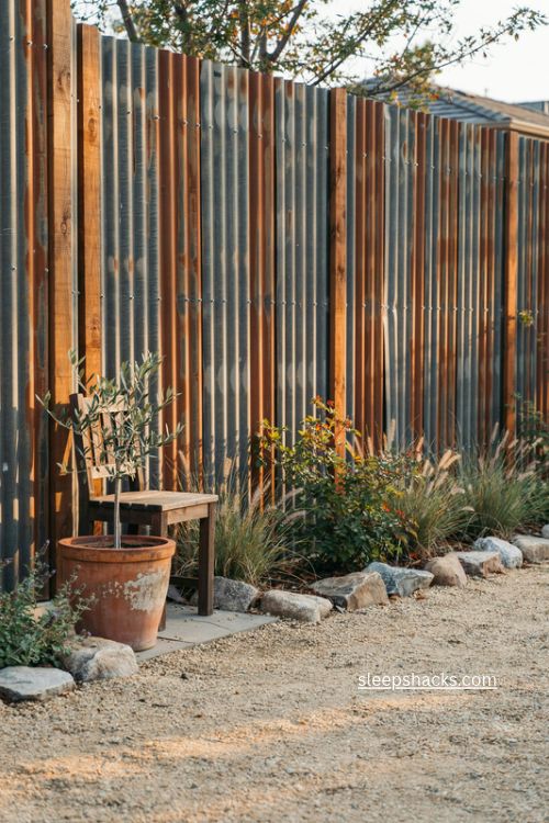 Sheet metal fence ideas with ribbed steel panels wood posts and warm backyard light