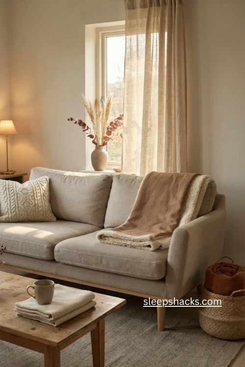 Sherpa reverse throw folded over sofa arm cozy fall living room