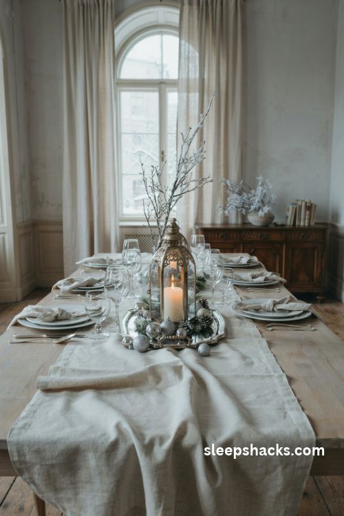 Silver Christmas lantern centerpiece with frosted branches ivory candle and mirrored tray