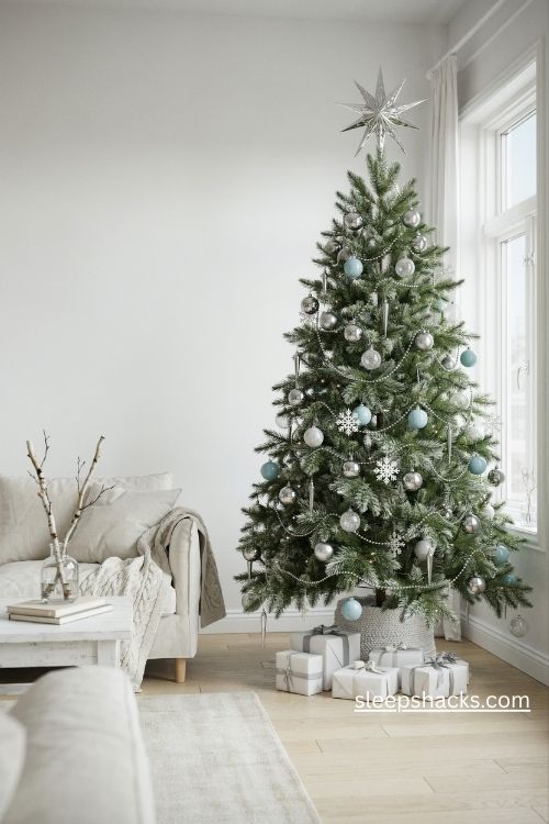 Silver and ice blue Christmas tree with frosted branches and a large silver star