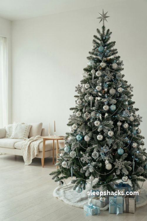 Silver and ice blue christmas tree with frosted branches and sparkling winter ornaments