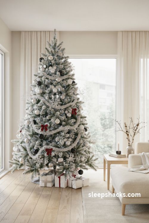 Silver and white mickey mouse christmas tree with frosted ornaments and glitter ears