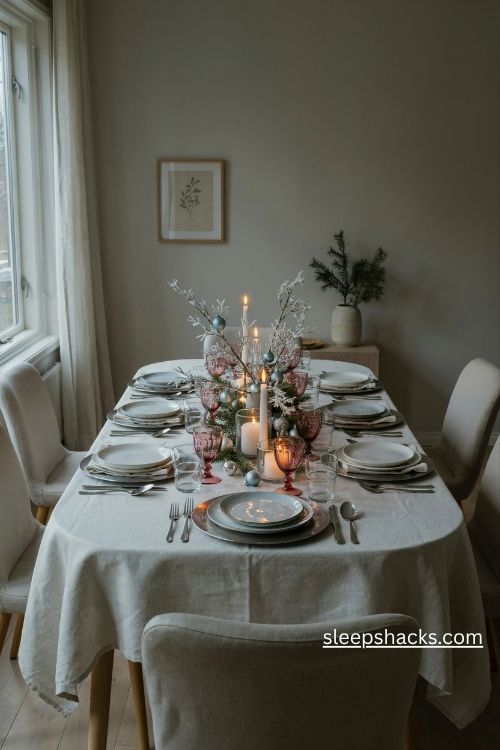 Silver and white winter christmas table setting with glass candleholders and frosted branches